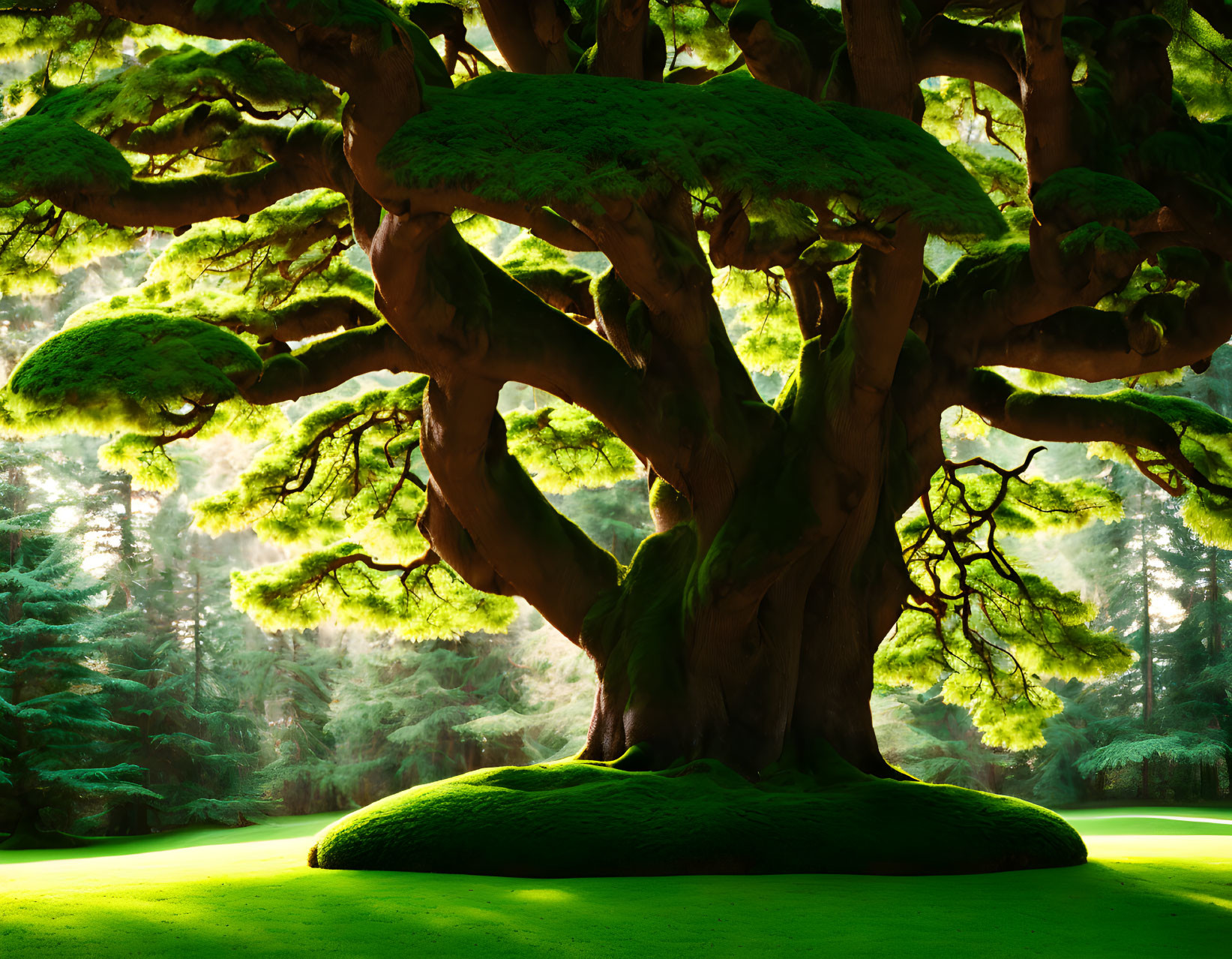 Majestic tree with thick trunk and umbrella-like canopy in lush forest clearing