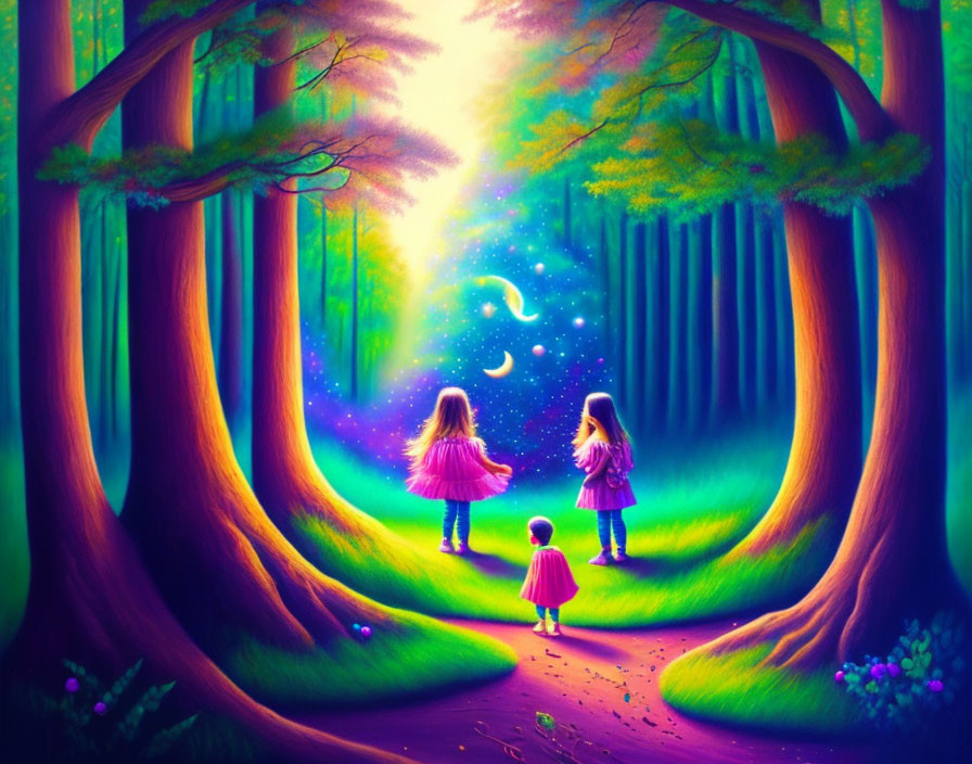 Children holding hands by glowing portal in enchanted forest.