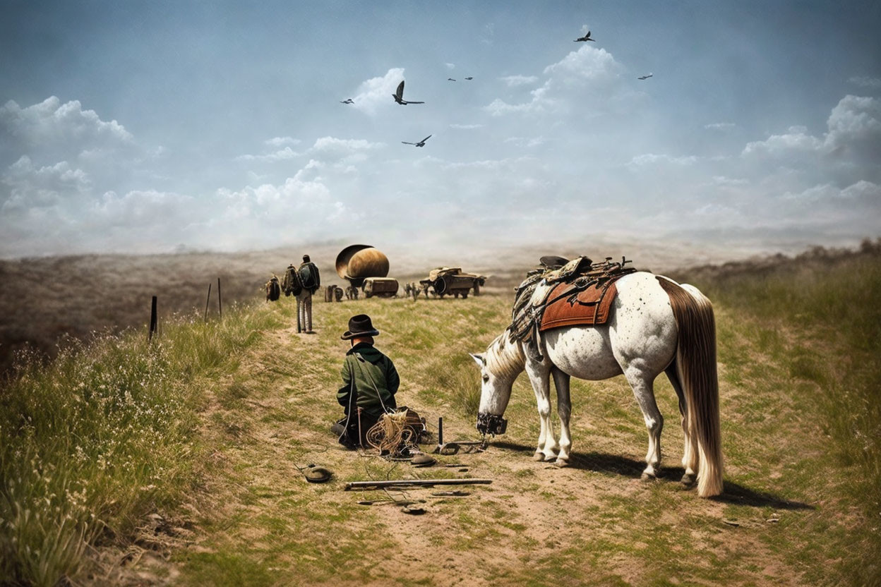 Cowboy kneeling by gear with saddled horse on prairie with covered wagon and birds.