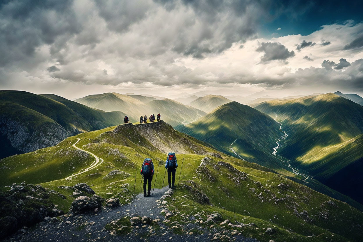 Scenic mountain trail with rolling hills and dramatic clouds