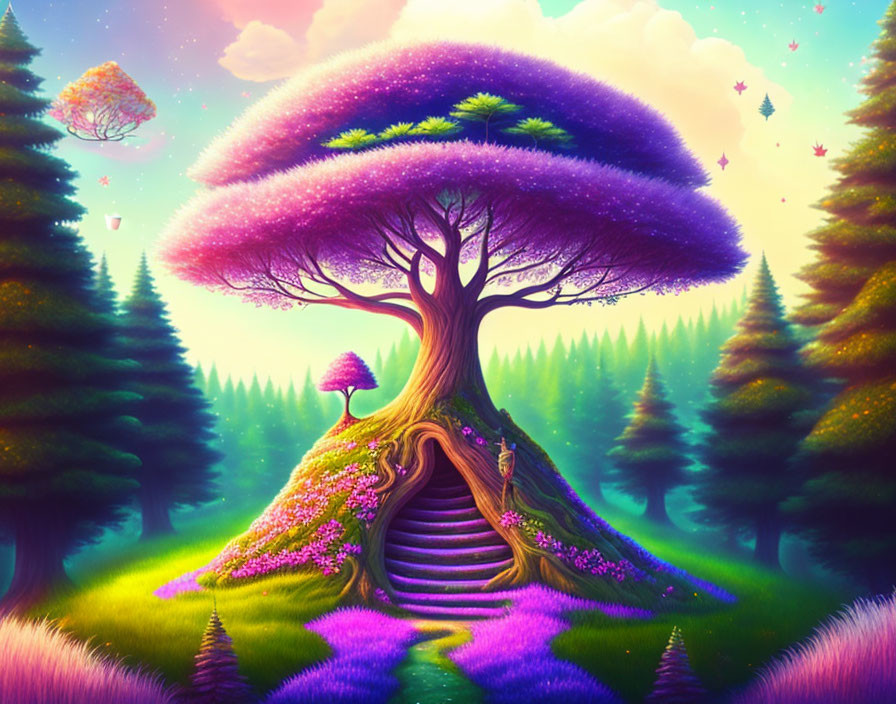 Colossal tree with mushroom canopy in vibrant fantasy landscape