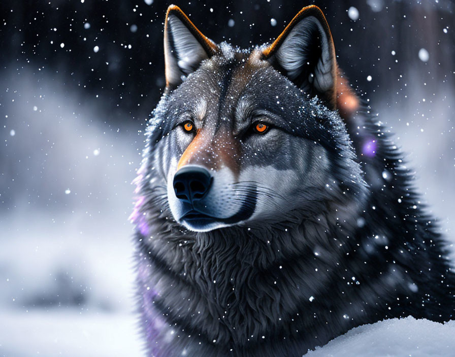 Majestic wolf with orange eyes and snowflakes in wintry scene