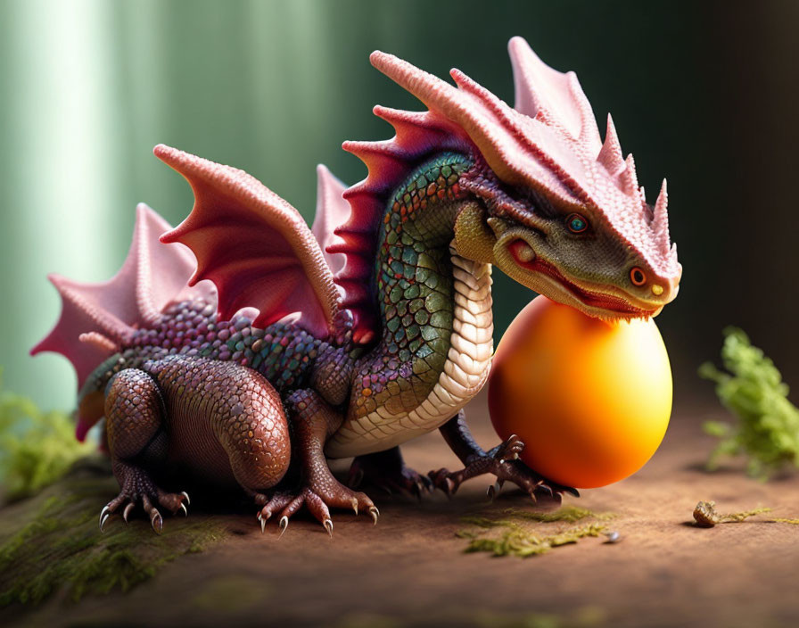 Colorful 3D Dragon Rendering with Purple Scales and Pink Wings Guarding Golden Egg