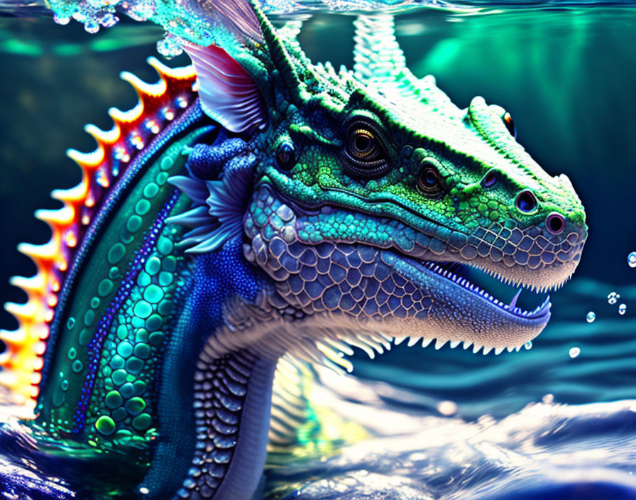 Colorful Dragon Head Artwork with Iridescent Scales and Water Background