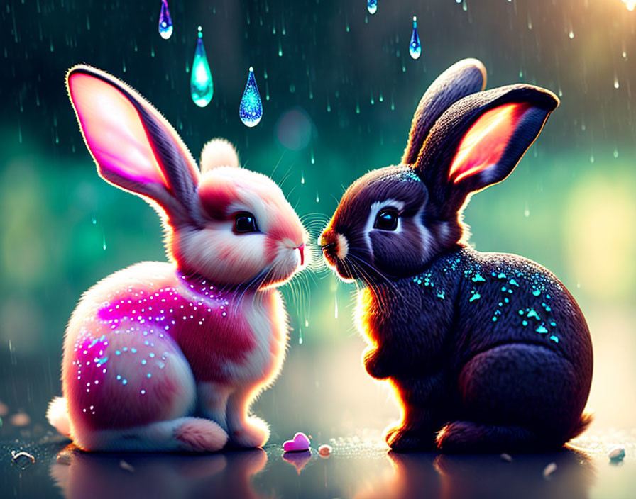 Animated rabbits with glowing spots in colorful raindrops scene