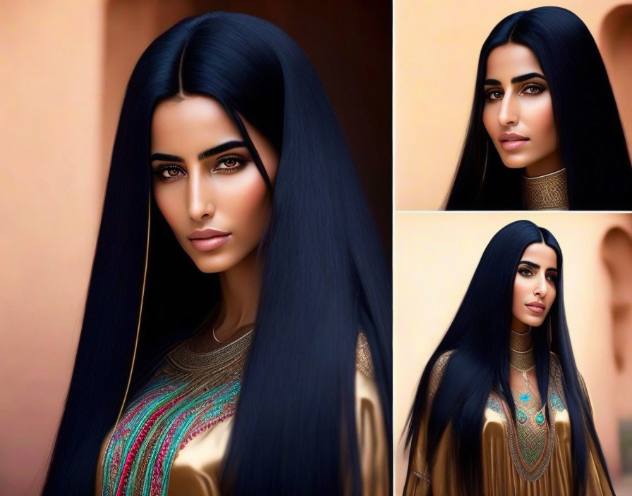 Collage of Woman with Long Black Hair and Striking Makeup on Peach Background