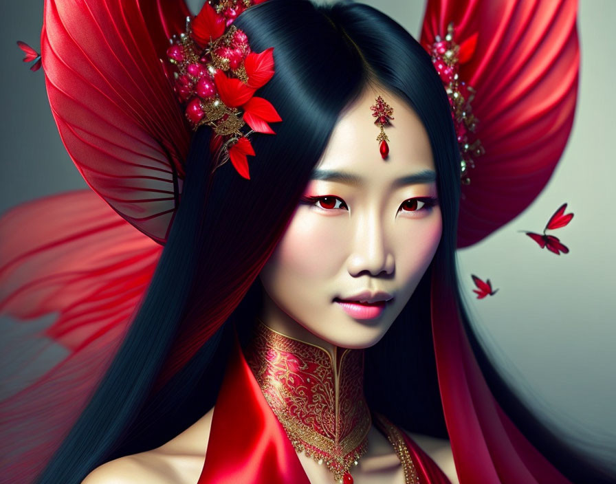 Digital artwork featuring woman in red attire with butterflies, exuding grace.