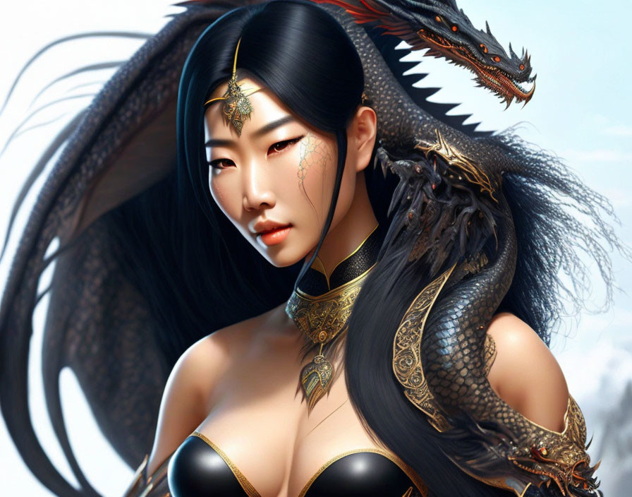 Digital artwork: Woman in dragon armor with flowing hair and red dragon.