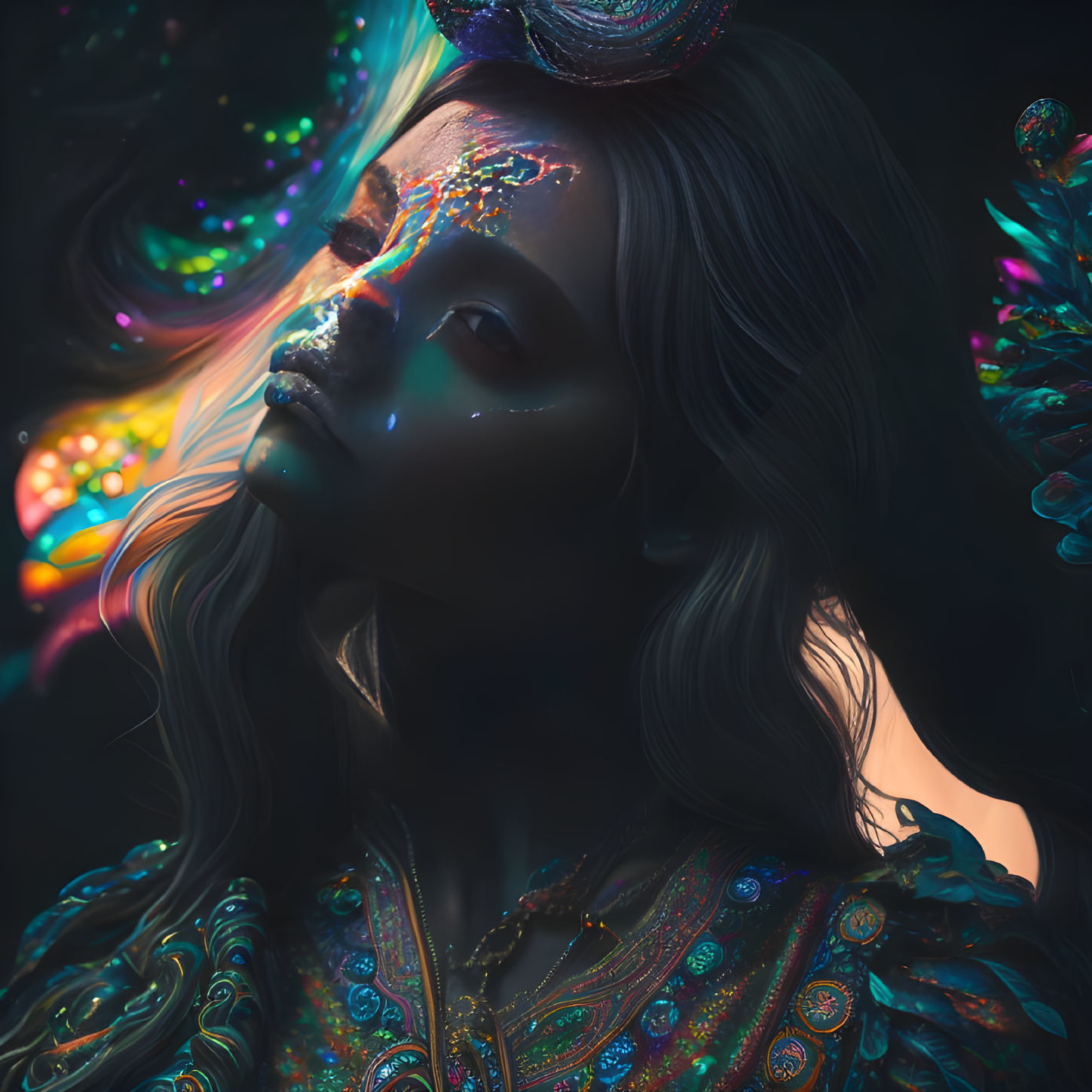 Ethereal woman with luminescent face paint and cosmic patterns in iridescent swirl.