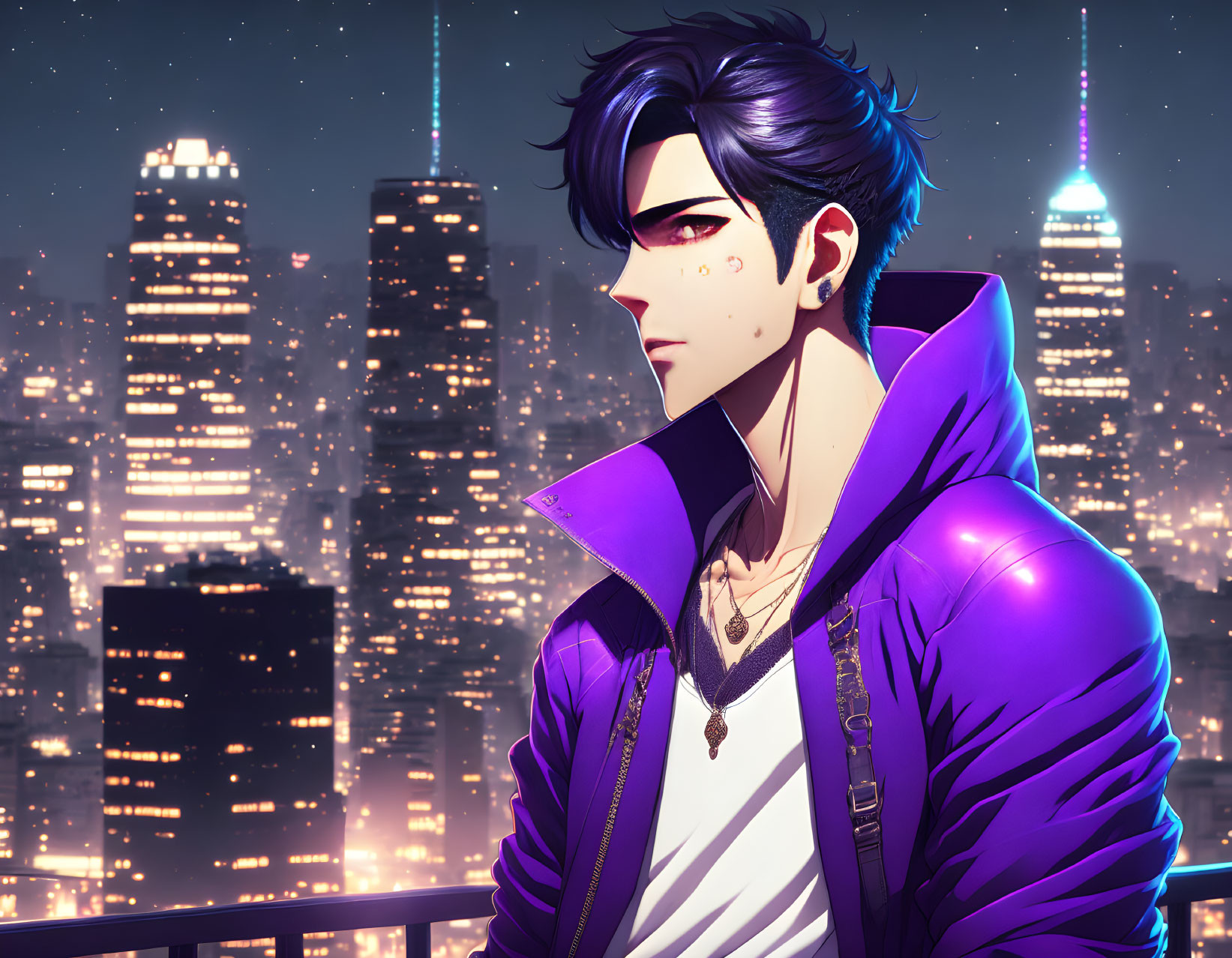 Dark-haired male character in purple jacket against city night skyline