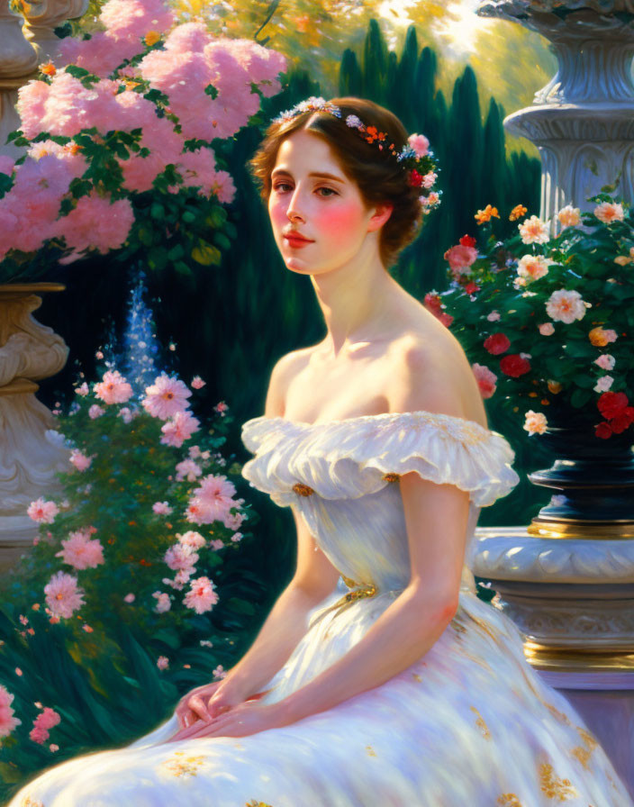 Young woman in floral headpiece, white gown, surrounded by pink and red flowers in garden