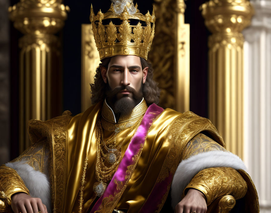 Regal man in golden crown and robe on throne with classic columns