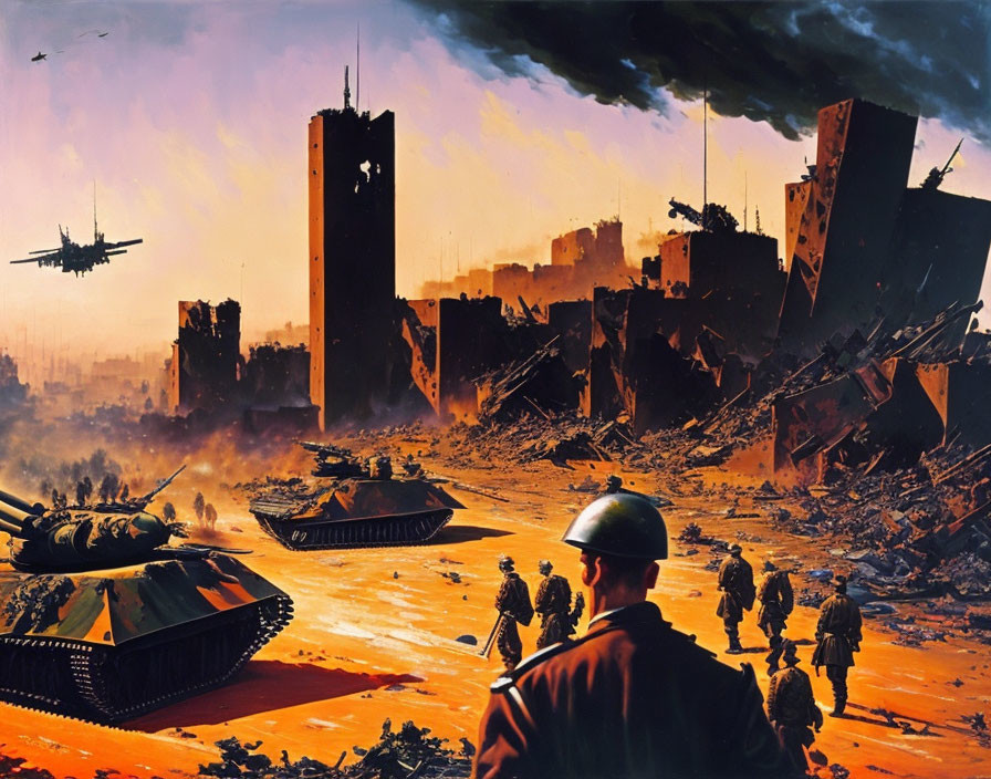 Dystopian scene with soldiers, tanks, and aircraft in burning cityscape