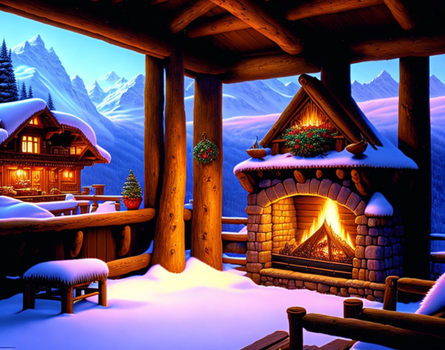 Winter cabin scene with roaring fireplace and snow-covered landscape