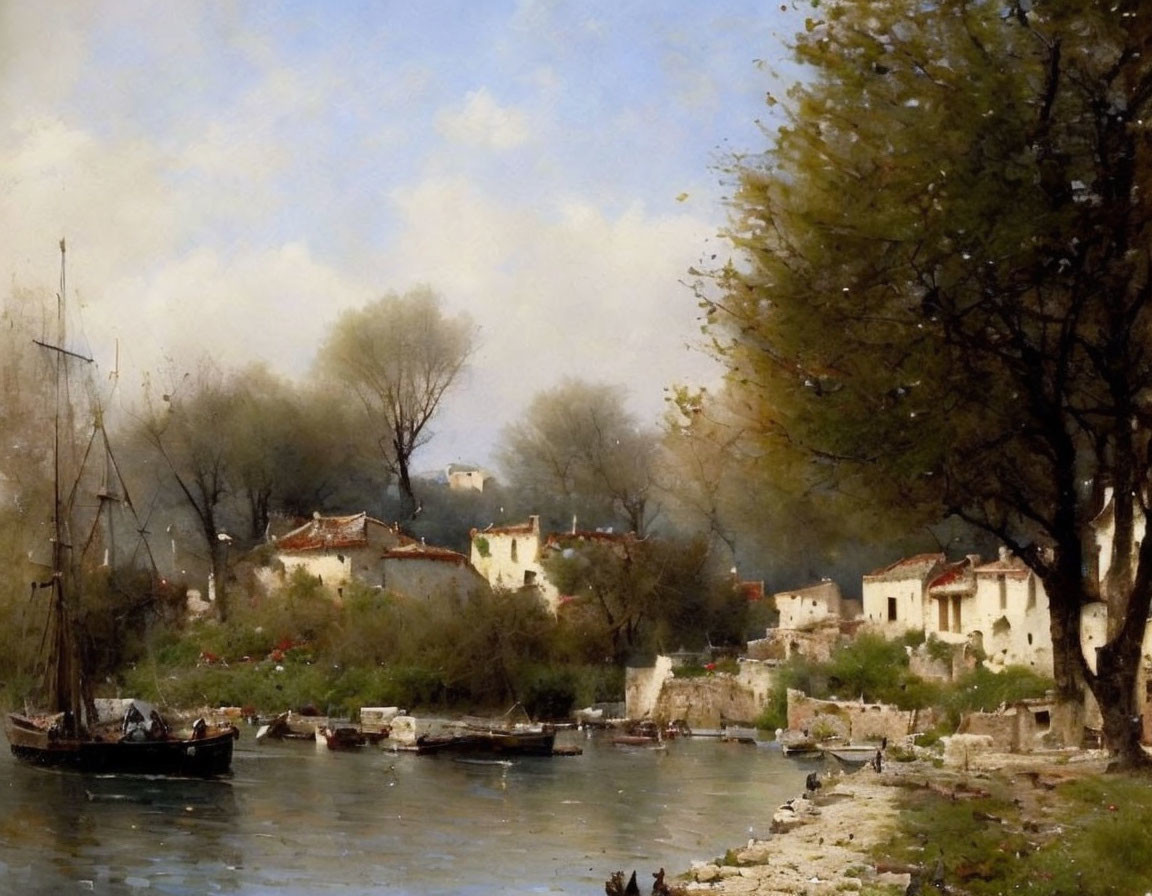 Riverside scene with boats, traditional buildings, and hazy sky