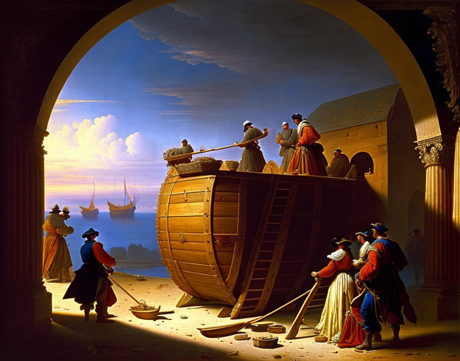 17th-Century Attired Figures Observe Shipbuilding Scene with Arch and Sunset