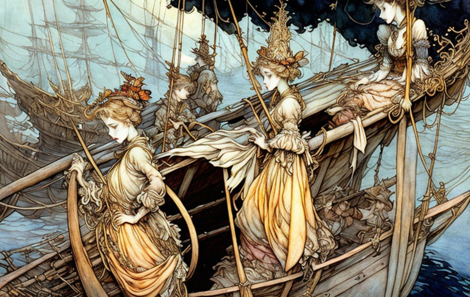 Ethereal nautical fantasy scene with elegant figures on ornate boat