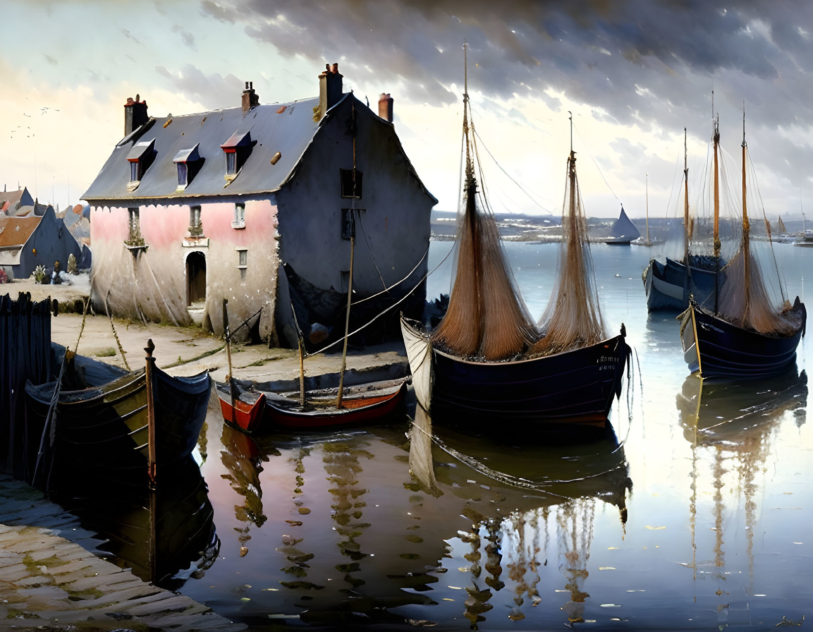 Coastal village scene with sailboats, calm water, old house, and cloudy sky