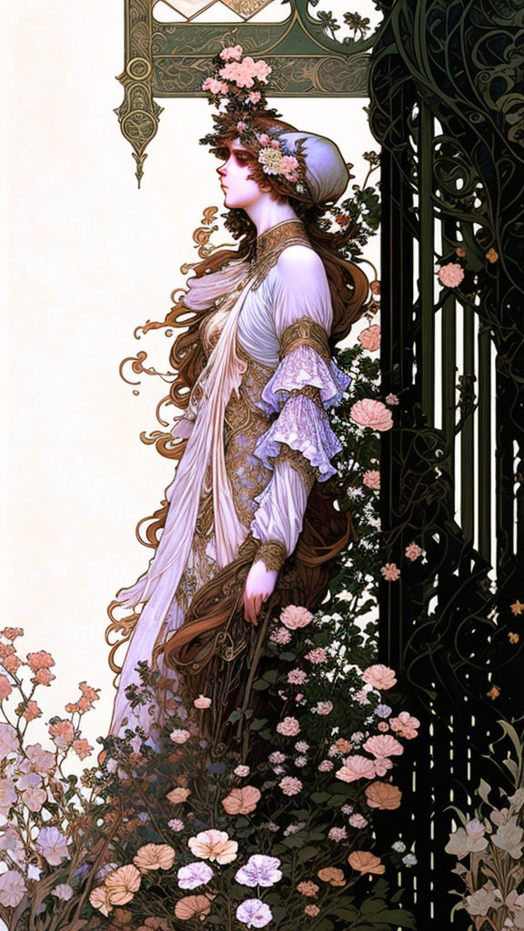 Detailed illustration of woman in ornate dress by floral gate