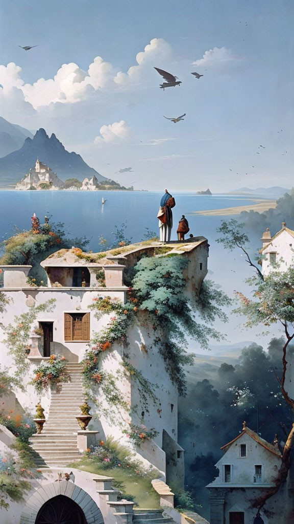 Tranquil coastal landscape with person on cliff, buildings, and birds