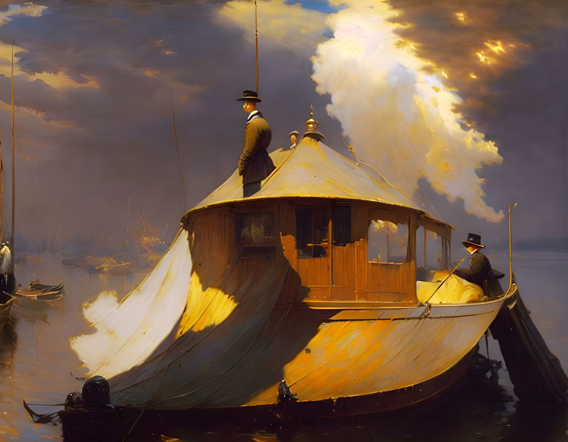 Tranquil painting of two people on a classic boat in a fleet under golden sunlight