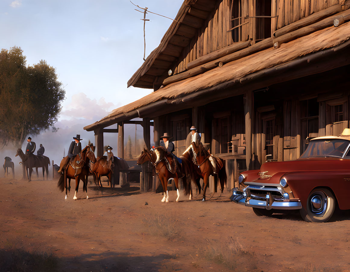 Horseback riders in western attire with vintage red car outside rustic wooden building