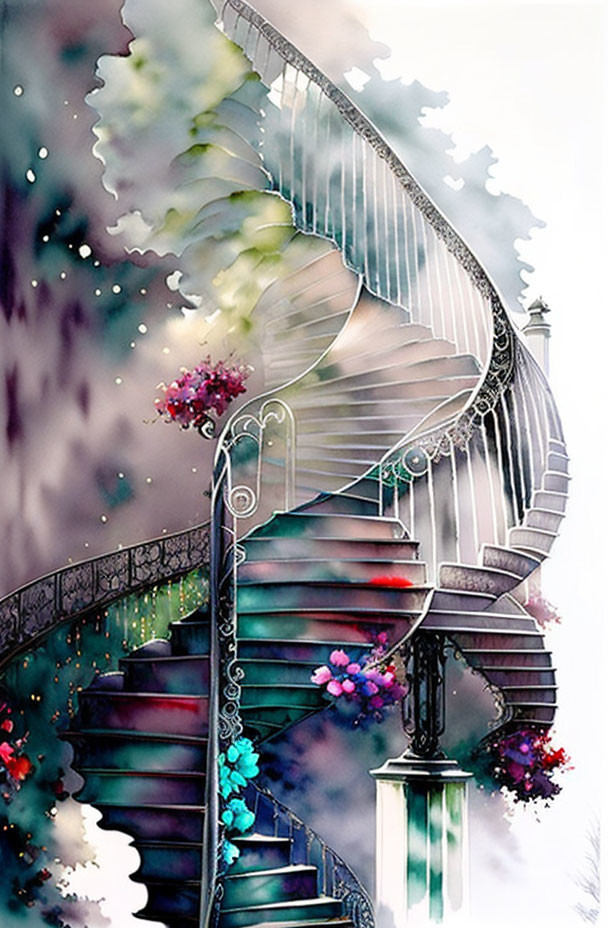 Colorful Watercolor Spiral Staircase with Flowers on Dreamy Background