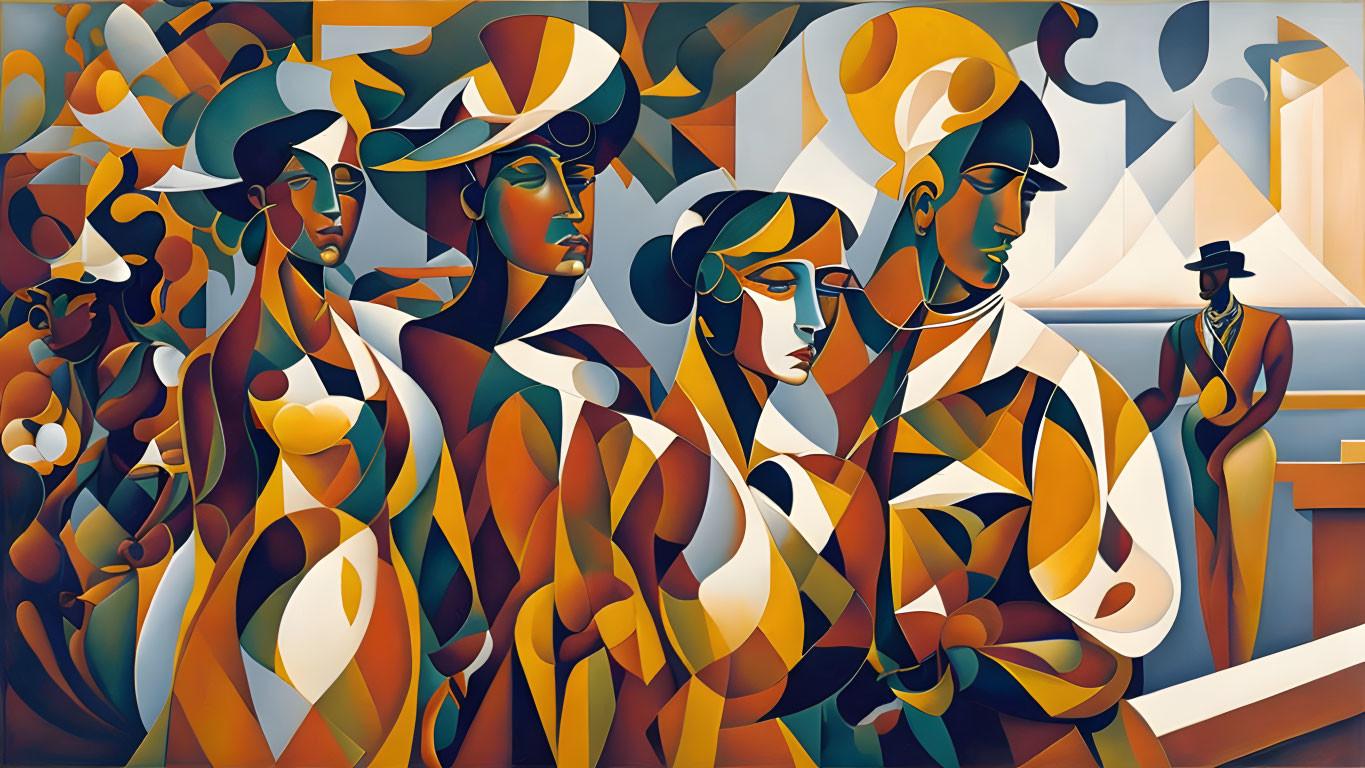 Cubist painting with overlapping figures in shades of brown, tan, white, and blue