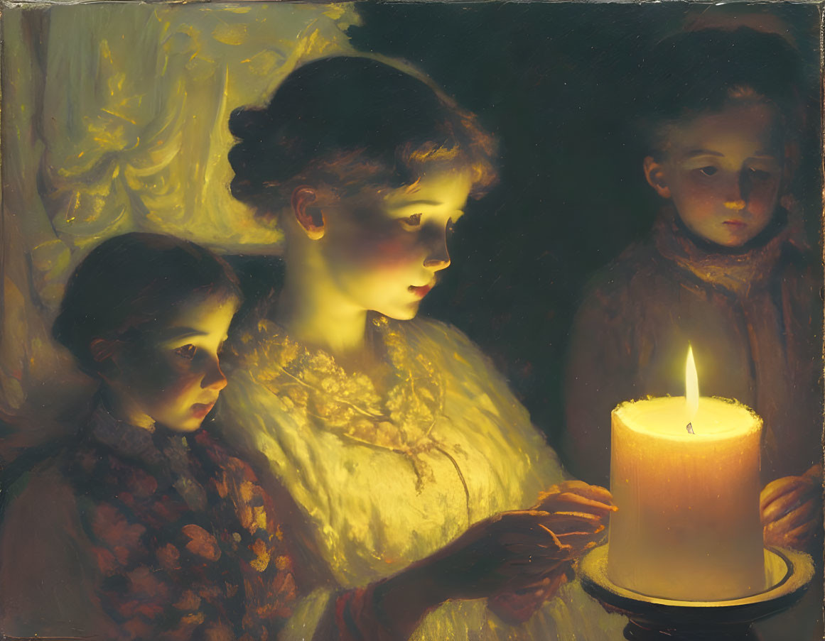 Three children by a glowing candle in dimly lit scene