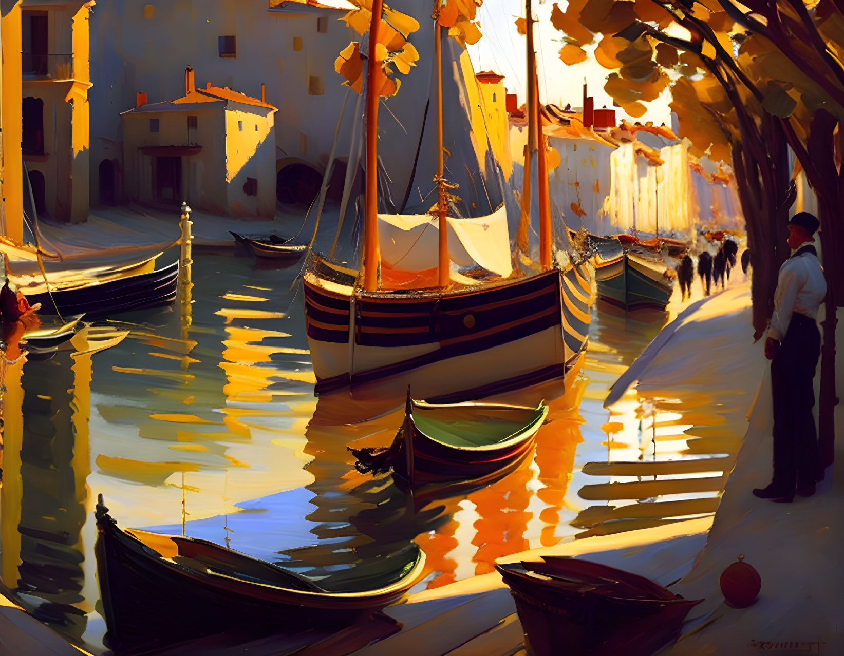 Harbor scene with boats, glowing reflections, warm sunlight, and a serene gaze