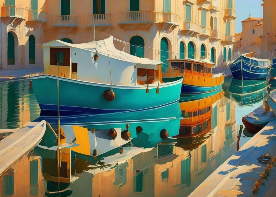 Vibrant Mediterranean scene with colorful boats and reflections.