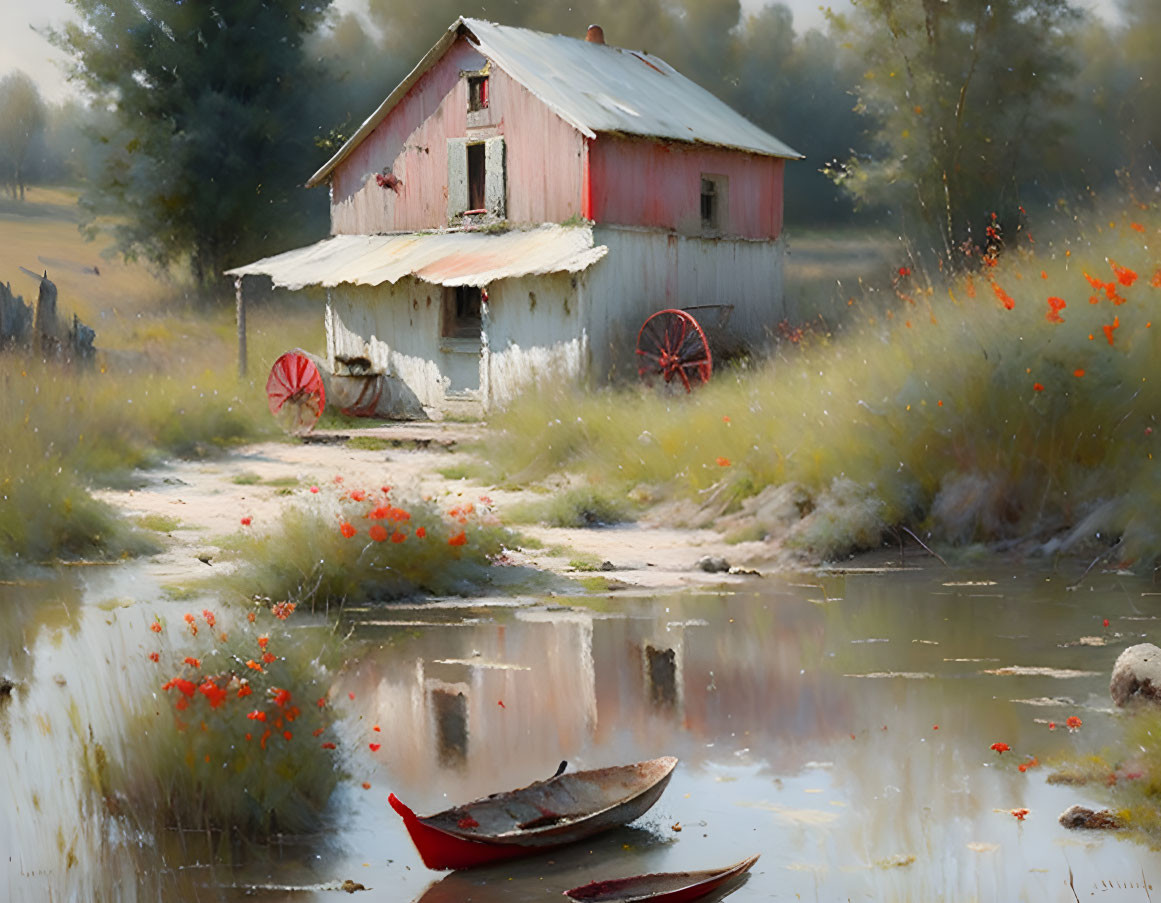 Rustic wooden house by pond with boat and vibrant orange flowers