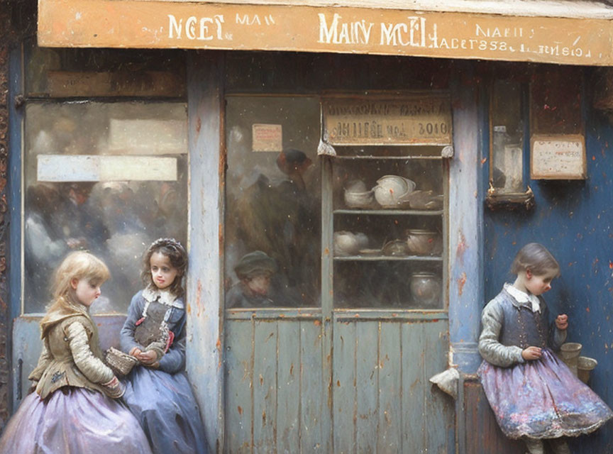 Period-dressed girls outside storefront with pottery display.