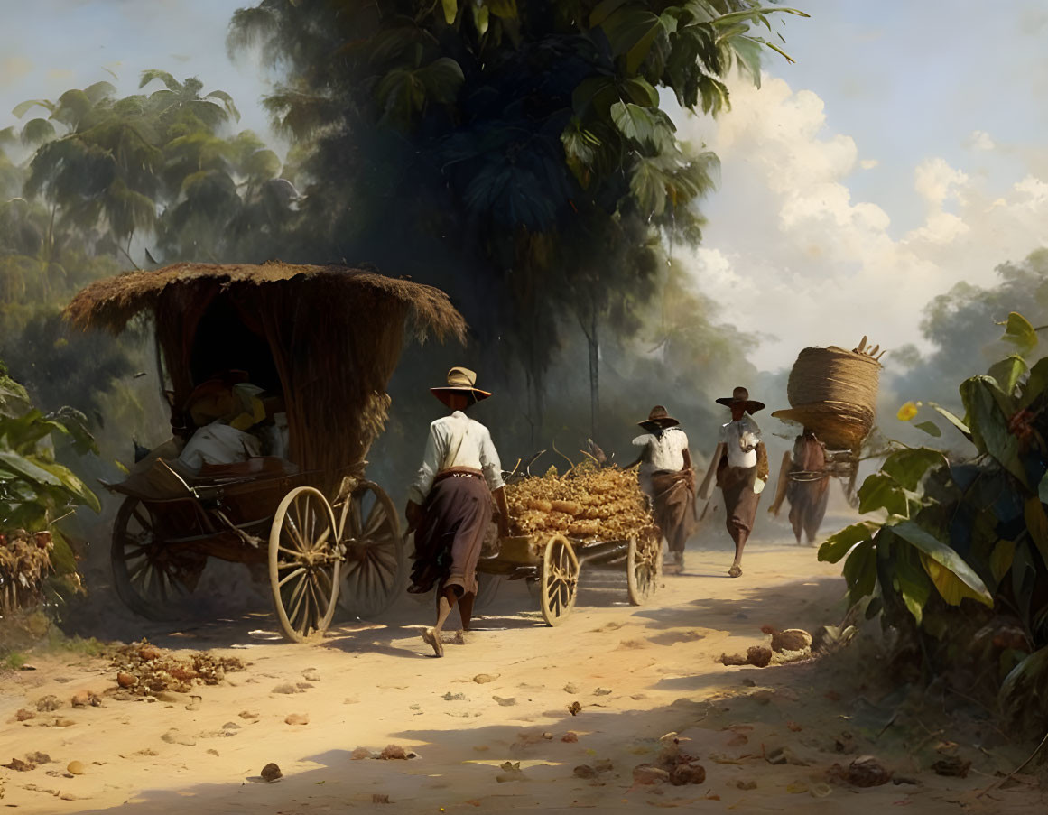 Rural life painting with people working among tropical trees