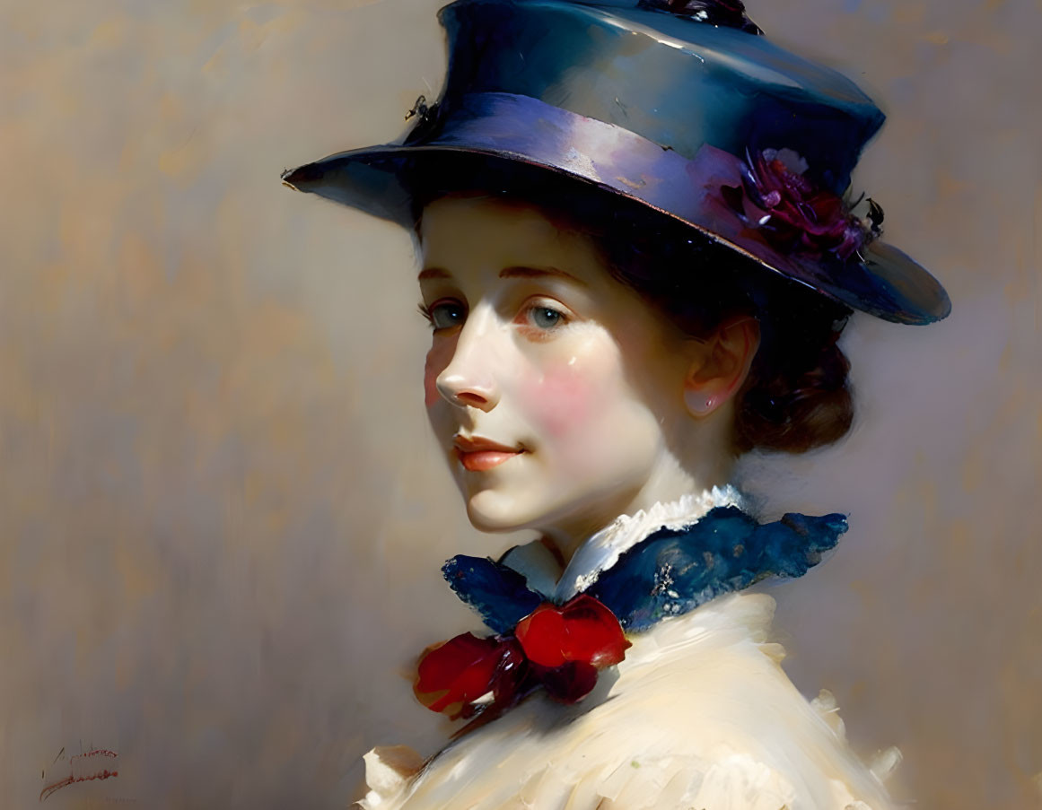 Portrait of a woman with fair skin in blue hat with flowers and white collar on soft background