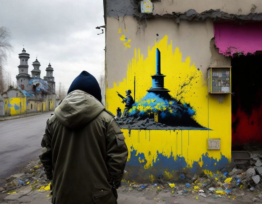 Hooded figure admiring vibrant street art mural and traditional building.