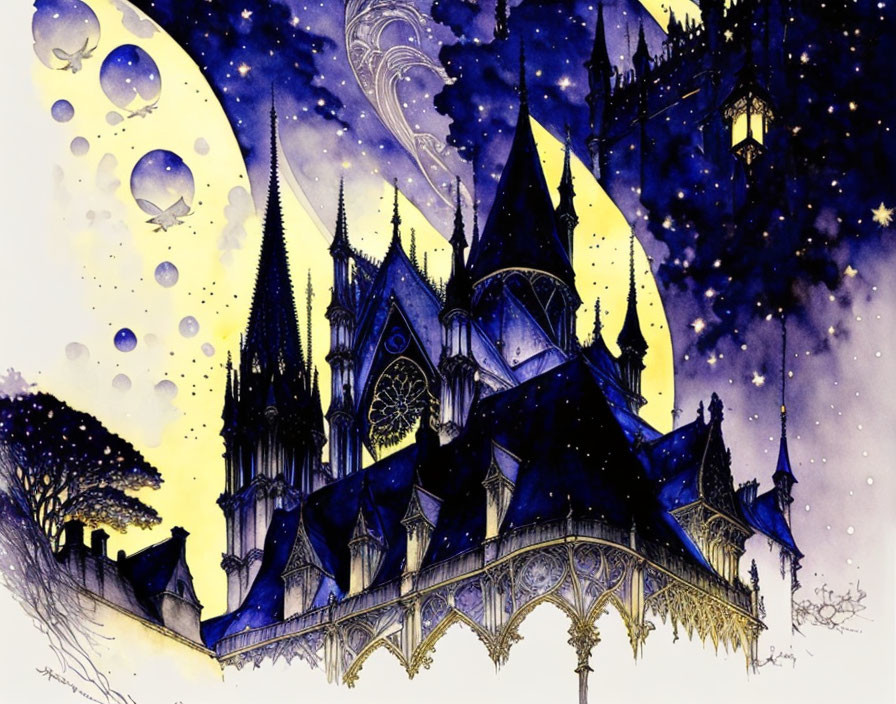 Gothic-style castle under starry night sky with moon and bubbles in deep blues and purp