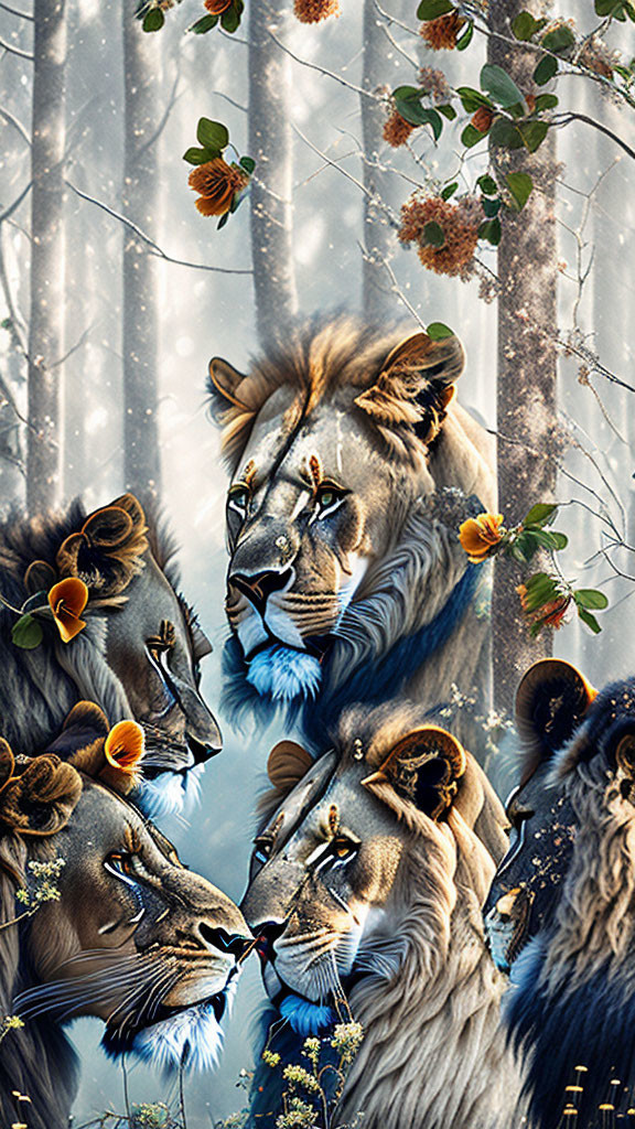 Multiple lion faces merged with forest and butterflies in surreal art.