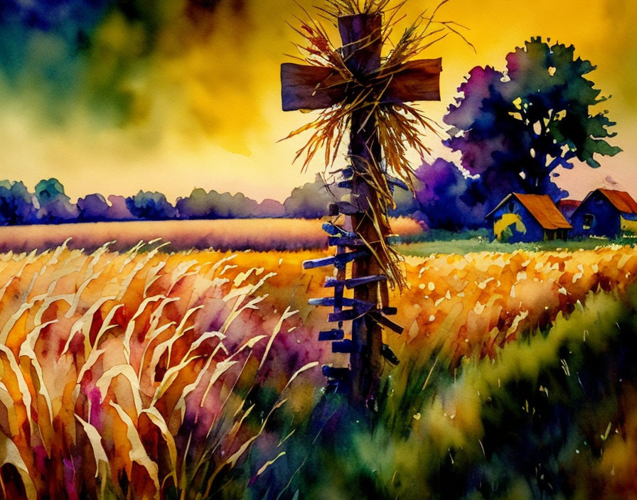 Vibrant watercolor rural landscape with fence, straw bundle, colorful fields, trees, and dusk