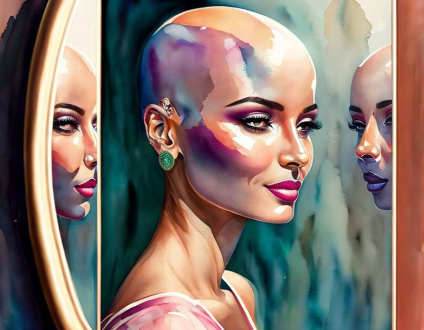 Bald Woman Portrait with Striking Makeup and Earrings in Different Angles