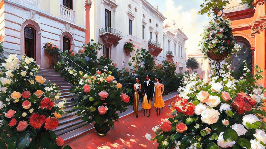 Formal couple by grand staircase and rose bushes in front of white building.