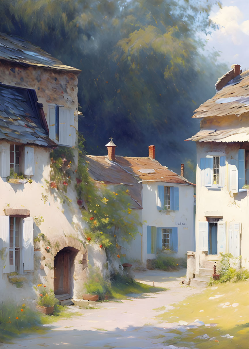 Rustic village scene with sunlit path and lush greenery