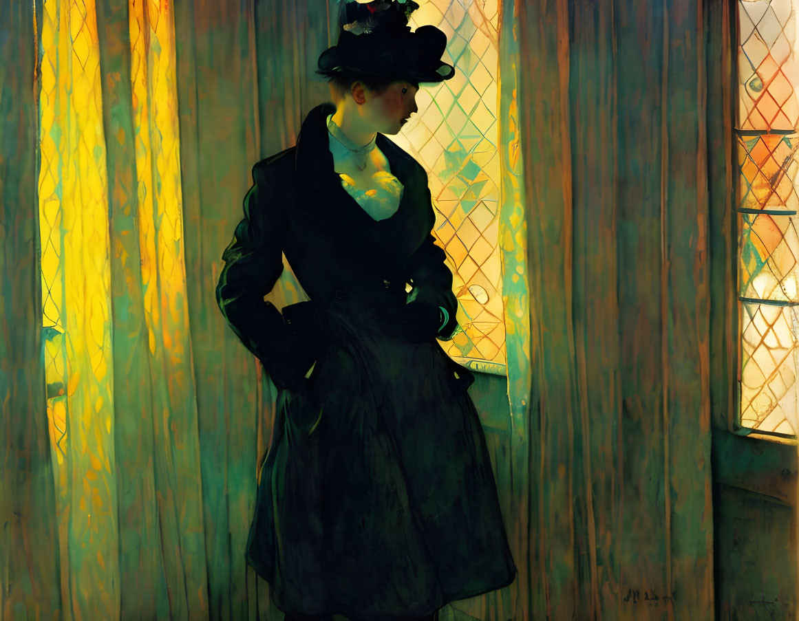 Woman in Black Dress and Hat by Brightly Lit Window