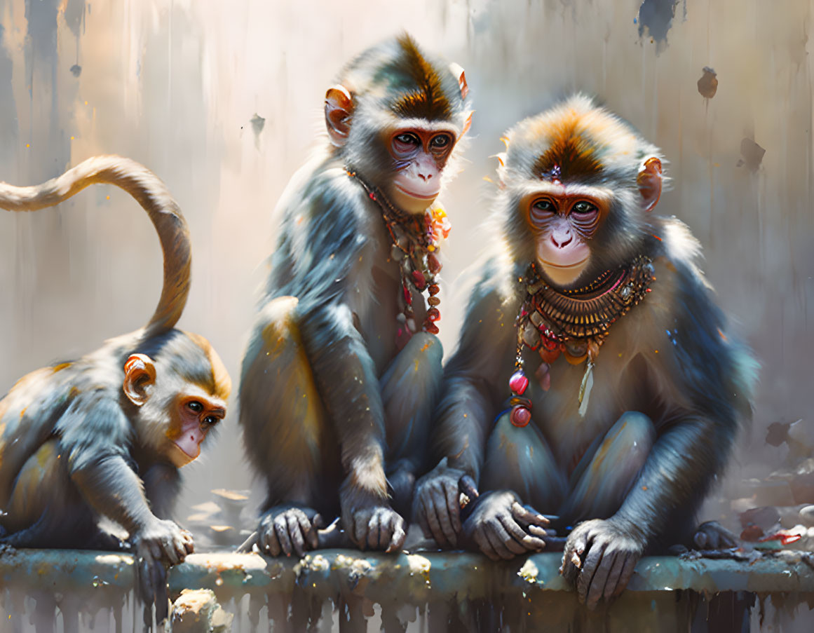 Stylized painting of three monkeys with decorative beads observing.