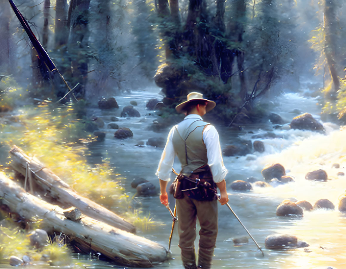 Vintage-clad person fishing in sunlit forest stream.