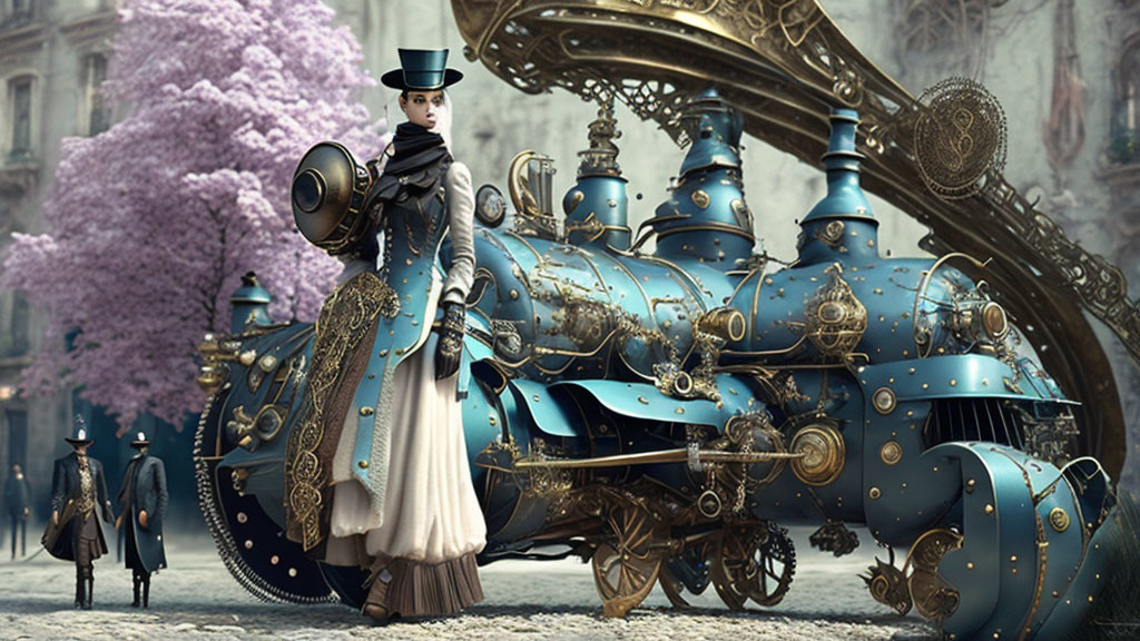 Victorian woman next to steampunk train under cherry blossom tree