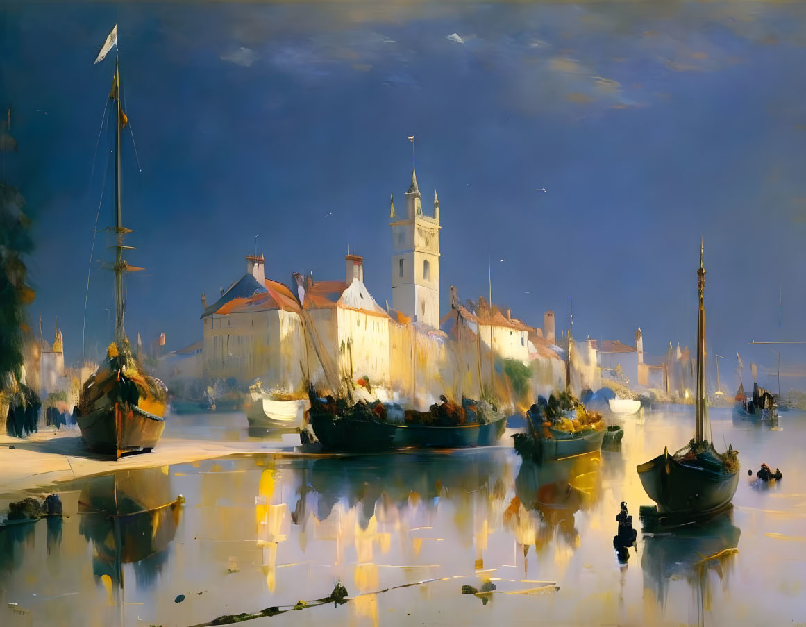 Harbor scene at dusk: boats, reflections, historical town, hazy sky