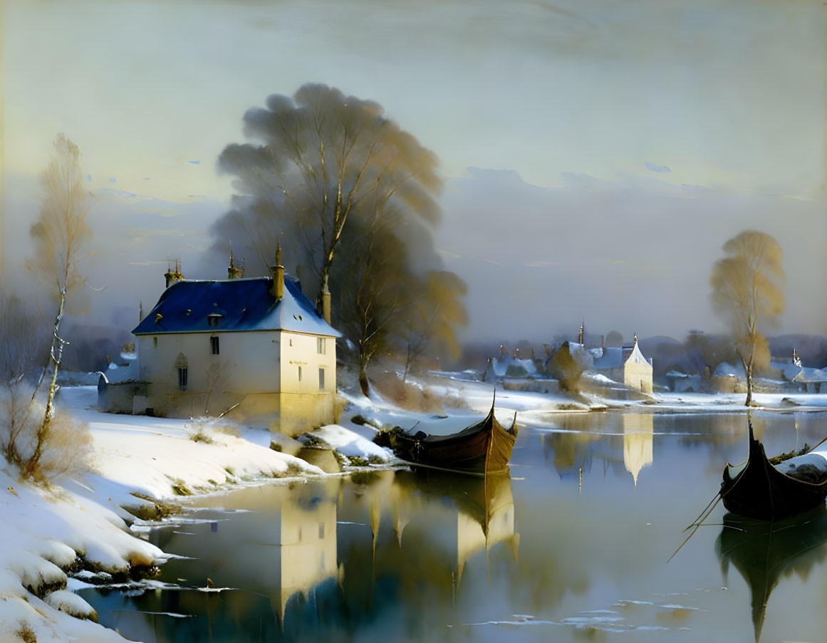 Tranquil winter landscape with river, reflections, boats, and village in soft golden light