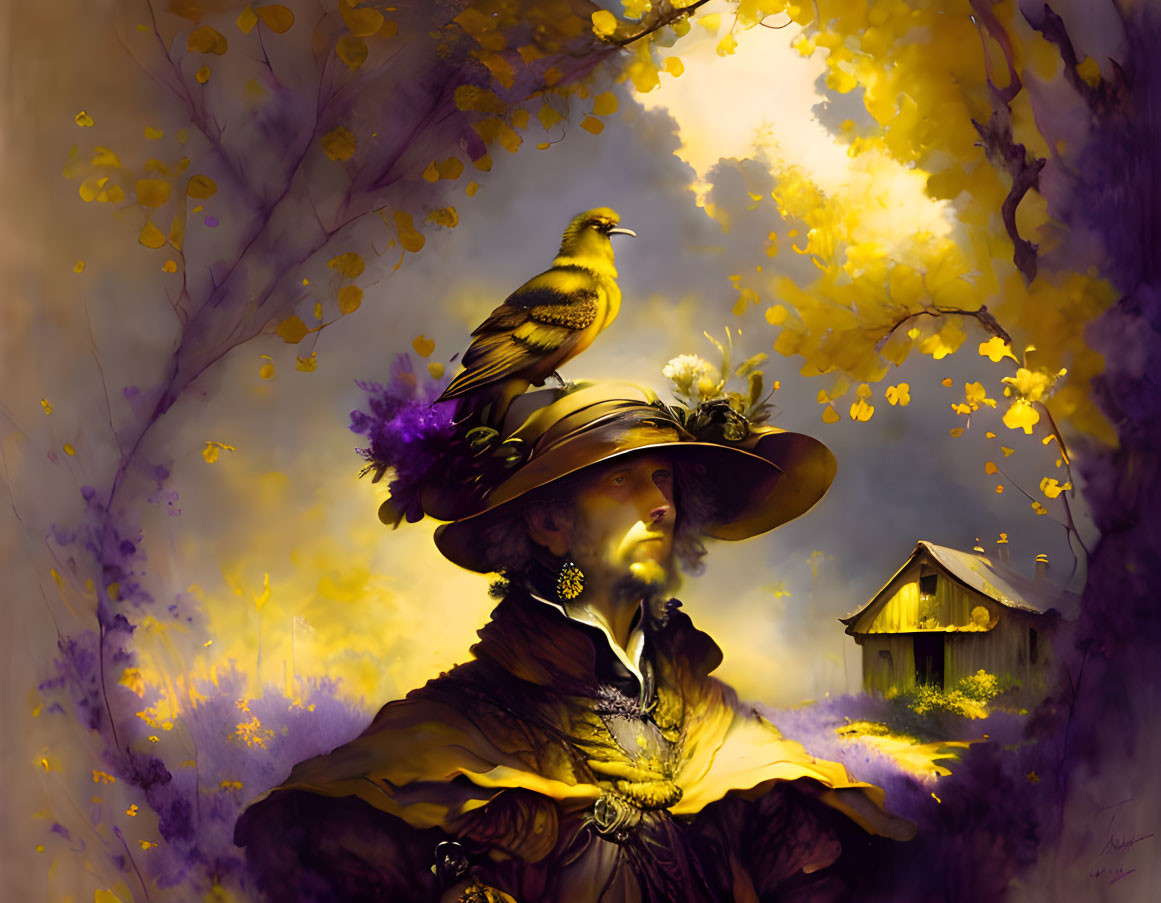 Person in Wide-Brimmed Hat with Bird Surrounded by Yellow Foliage and Cottage