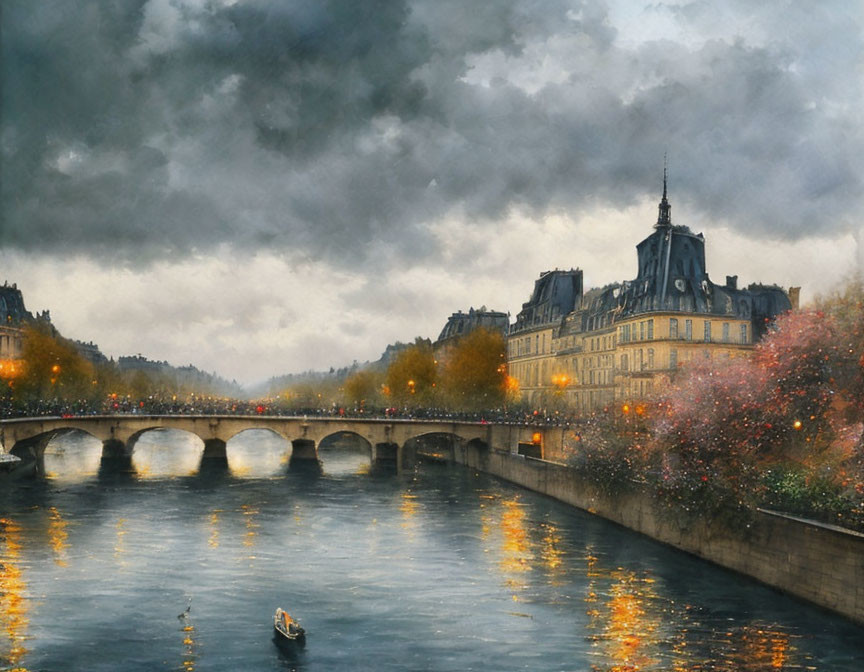 Moody Parisian scene: Boat on Seine River, stone bridge, old buildings